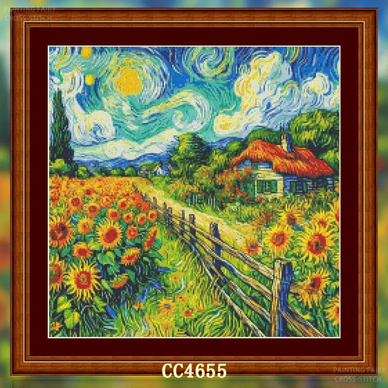 Cross Stitch Stamped Kits Beginners - [[CC4656-Seri Van Gogh Peternakan Bunga Matahari]