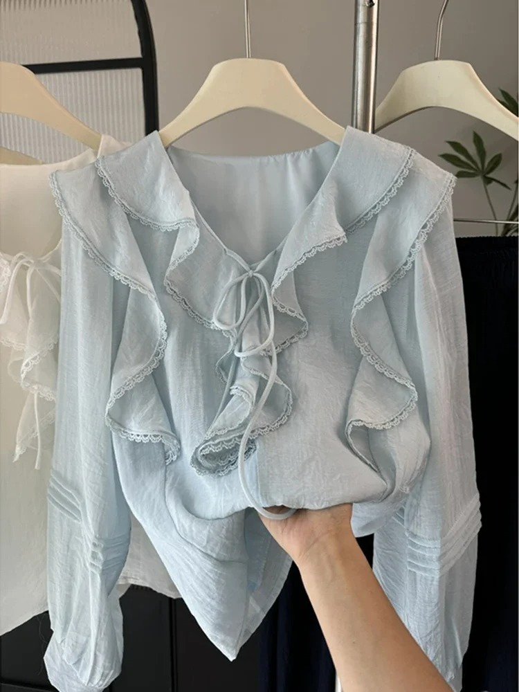 Blus Lengan Panjang Chic Kerah - Embroidery ulasan dan harga