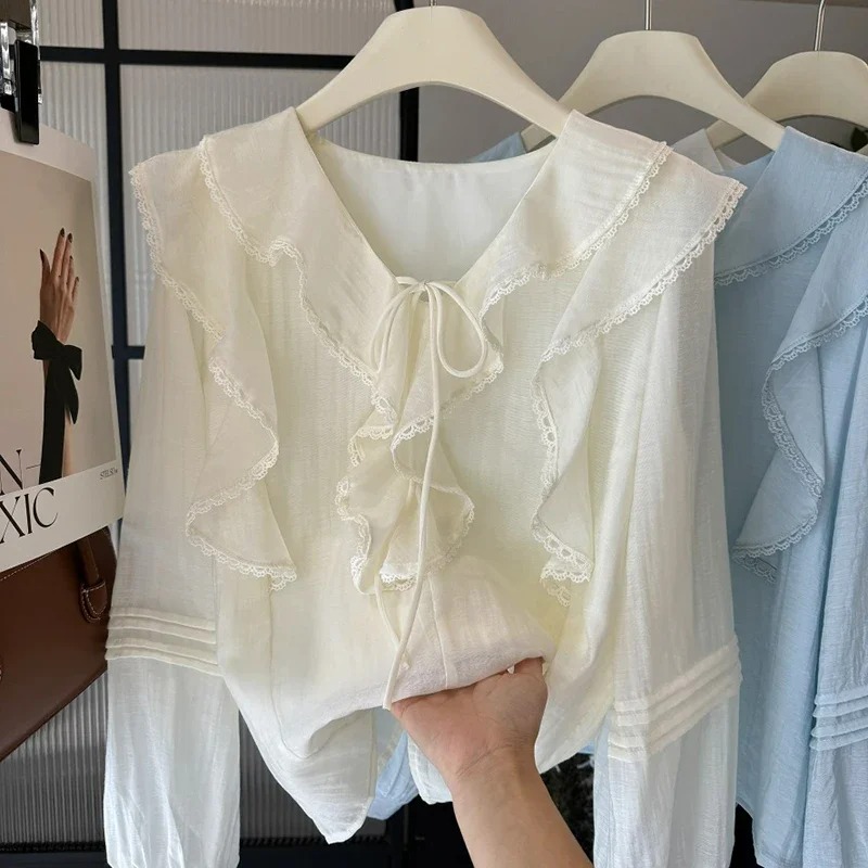 Blus Lengan Panjang Chic Kerah - Embroidery ulasan dan harga